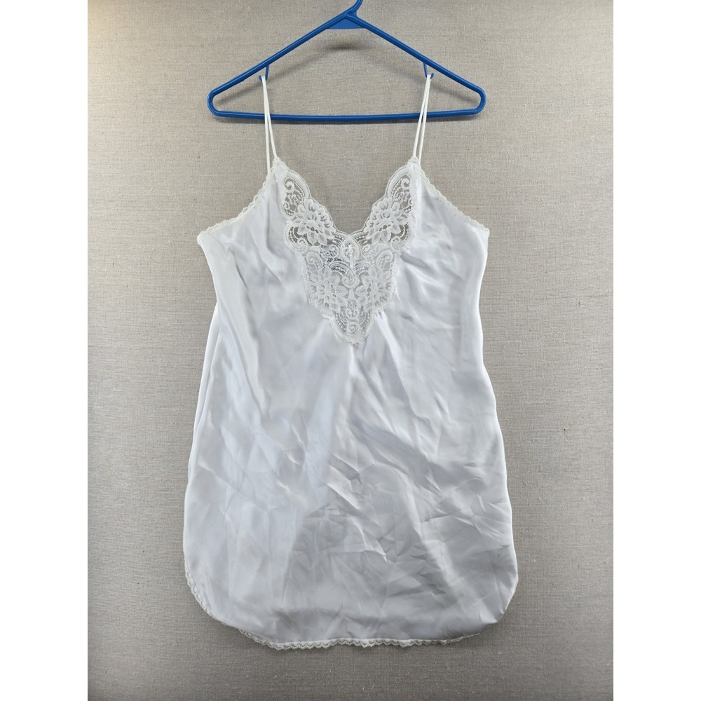 VTG Camisole Womens M White Satin Lace Trim Chemise Lingerie Tank Top Coquette
